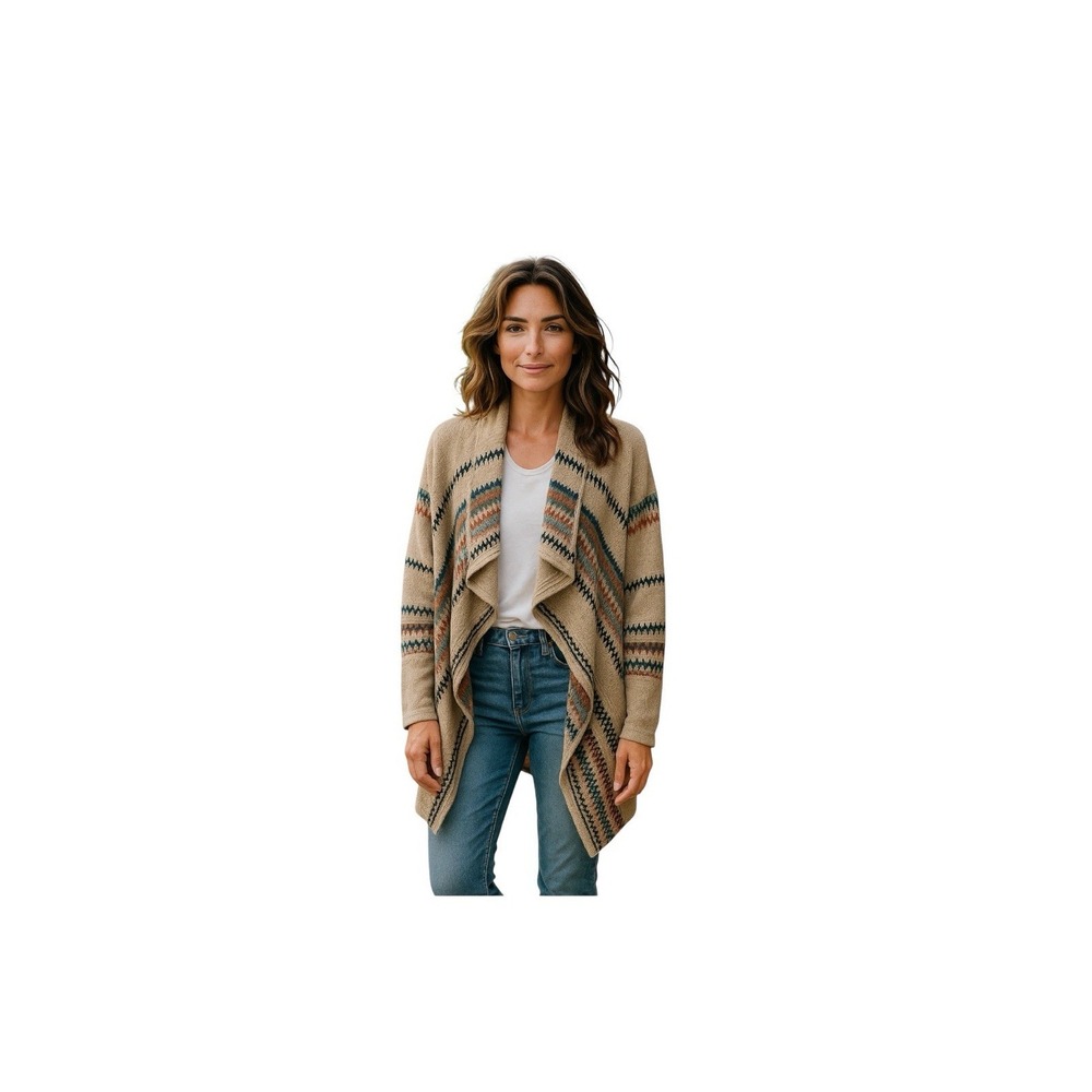Tan waterfall western equestrian open front cardigan prairie boho stripe size 1X